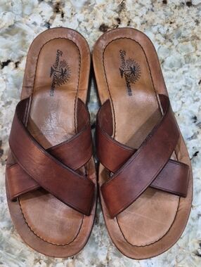 Men's Tommy Bahama Espresso Brown Leather Cross-Strap Sandles Slides Size 11